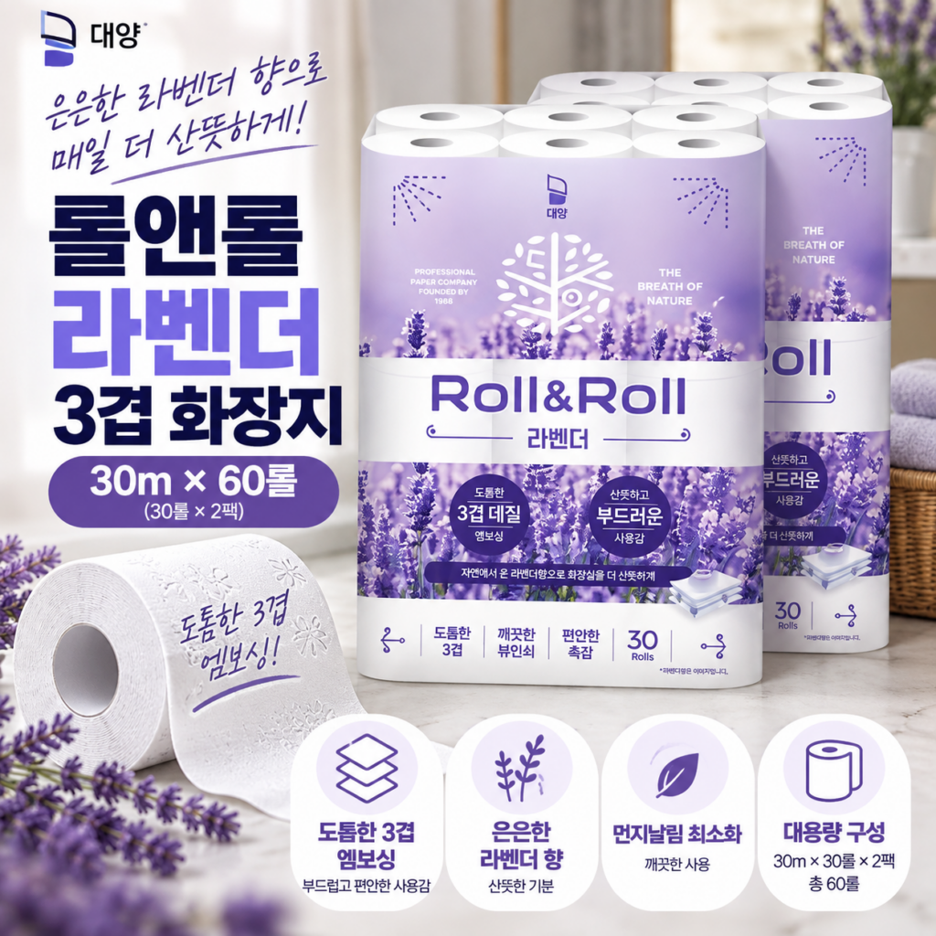 대양 롤앤롤 라벤더 3겹 화장지｜30m 60롤 넉넉하게 쟁여두는 대용량 구성 제품 이미지