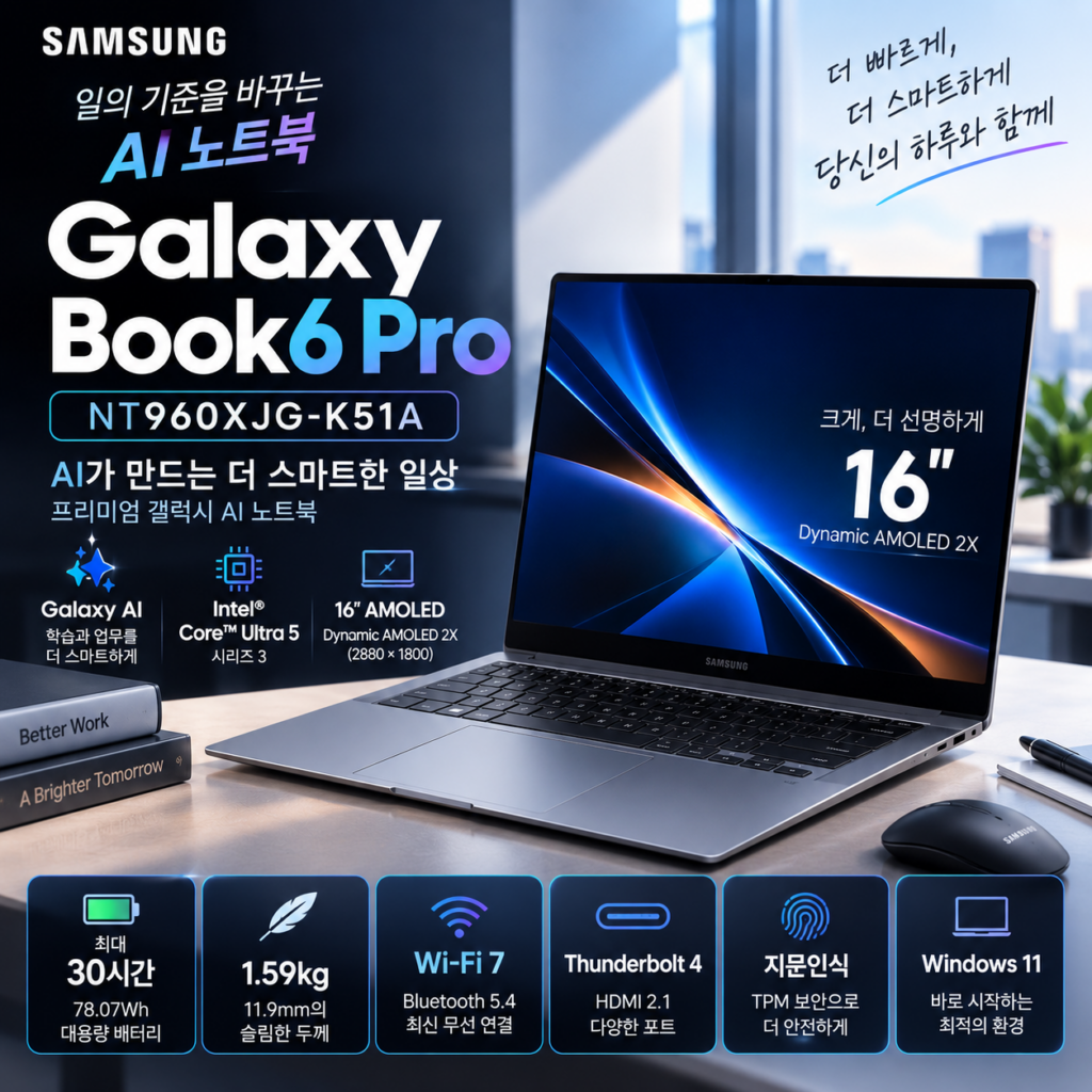 삼성 갤럭시북6 프로 NT960XJG-K51A｜16인치 AMOLED에 최대 30시간 배터리 제품 이미지