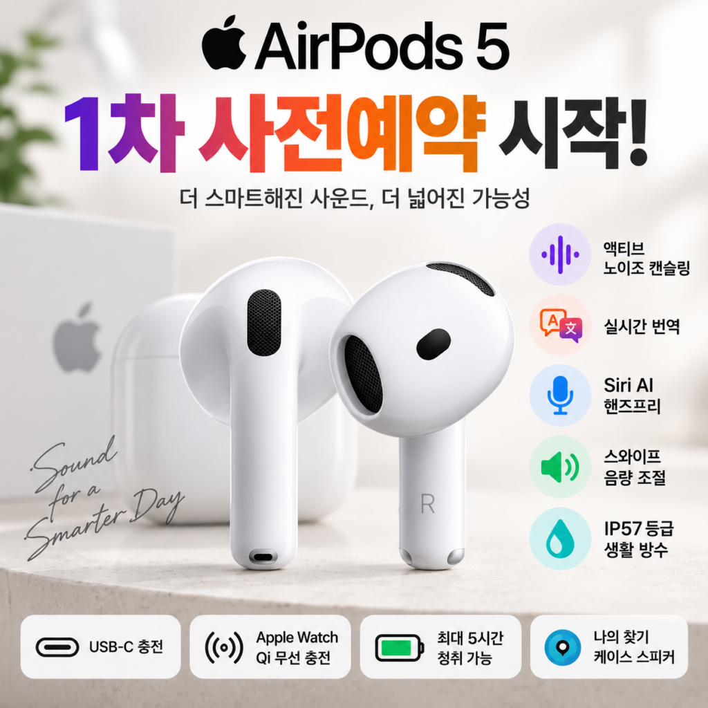 애플 에어팟 5(무선 충전 케이스 모델)MKFT4KH/A｜액티브 노이즈 캔슬링 탑재 제품 이미지